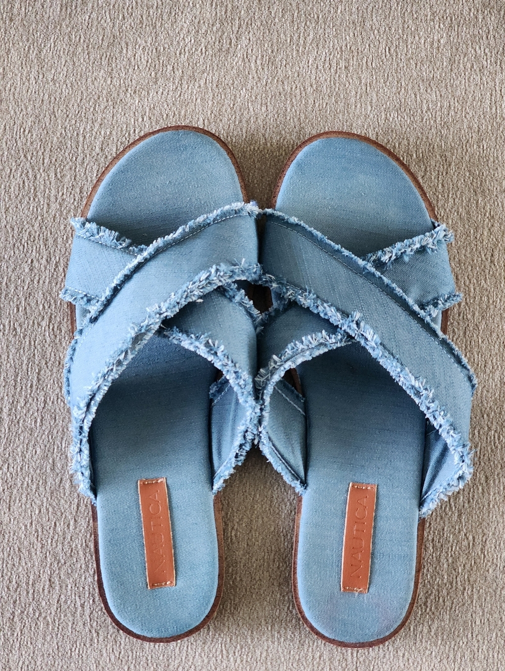 Nautica Women's Light Blue Frayed Denim Colored Crossover Slide Sandals Size 10